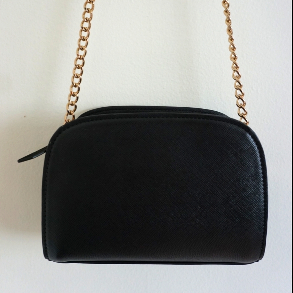 Black Faux Leather Crossbody Bag with Gold Chain